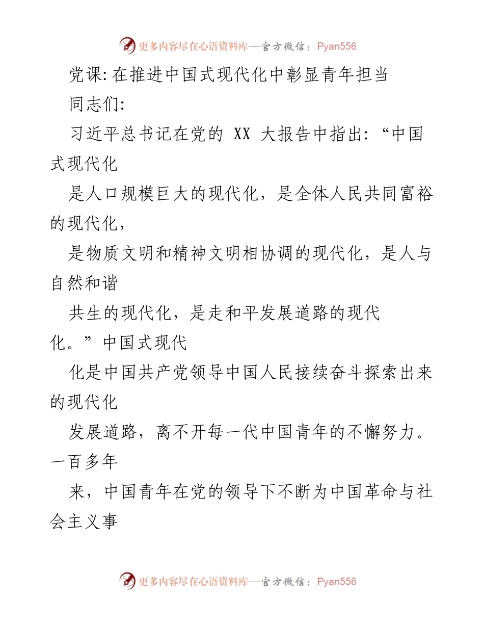 [发言] 党课 - 青年担当：中国式现代化的推动力量.docx_第1页