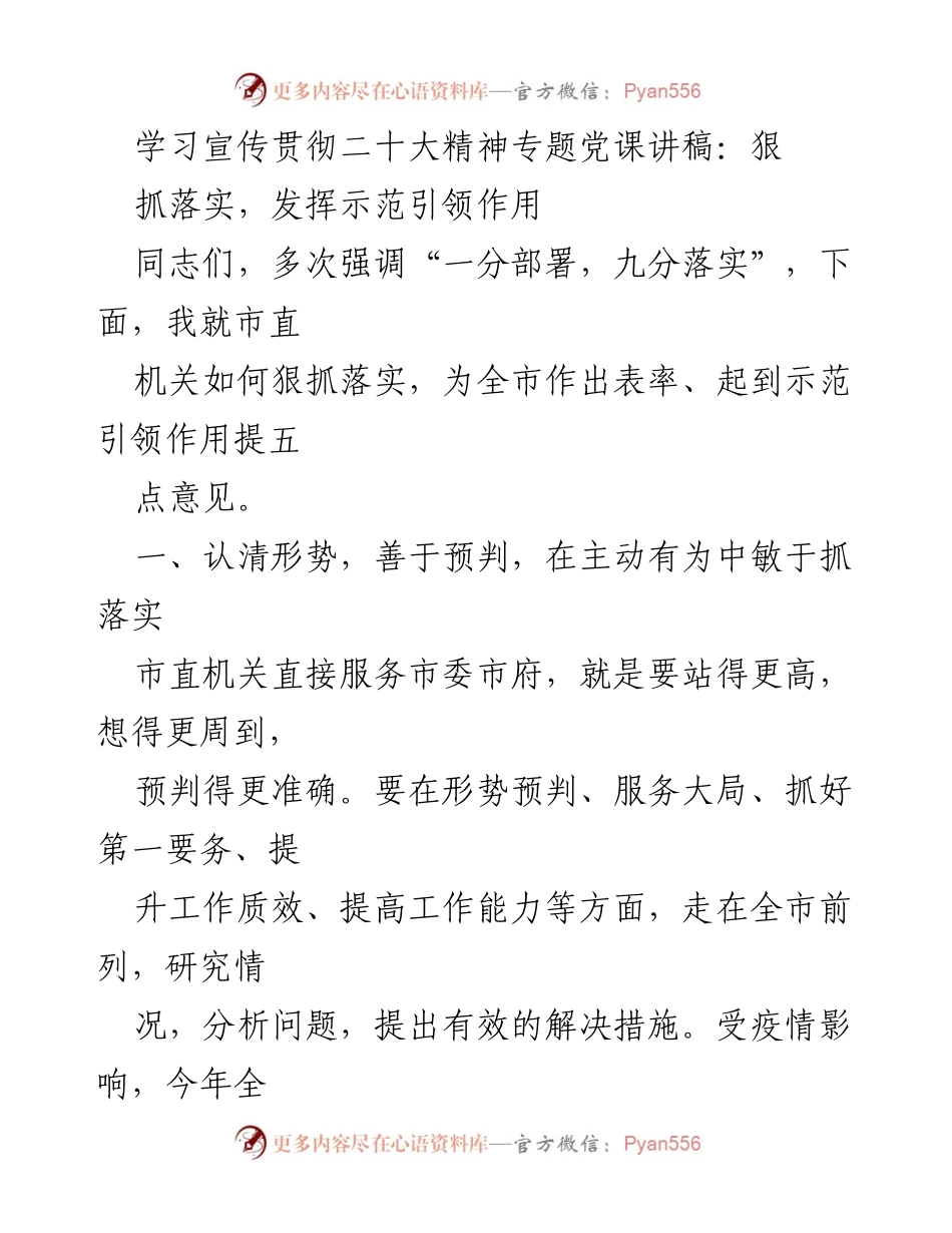[发言] 党课 - 狠抓落实，发挥示范引领作用.docx_第1页