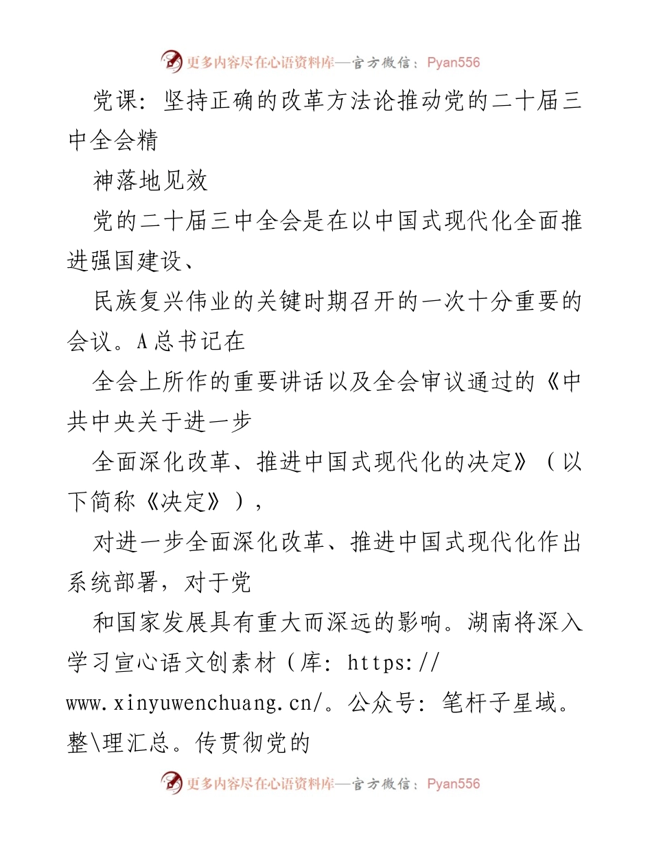 [发言] 党课 - 坚持正确改革方法论，落实党的二十届三中全会精神.docx_第1页