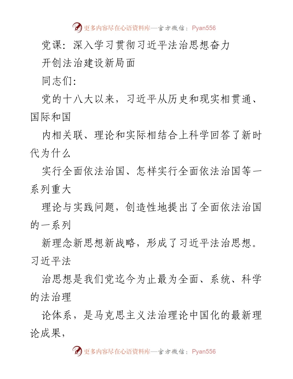 [发言] 党课 - 深入学习习近平法治思想，推动法治建设新局面.docx_第1页