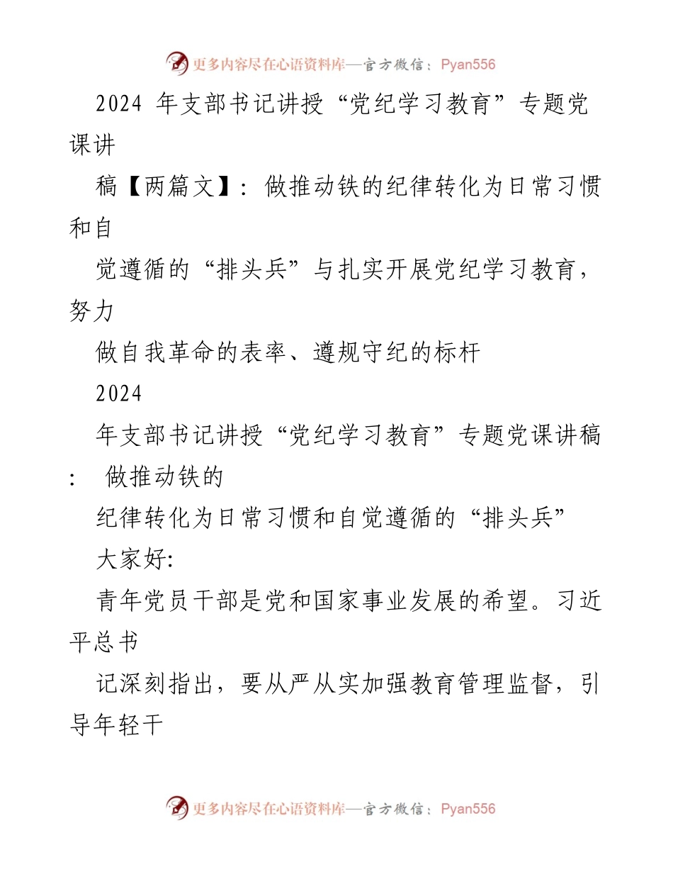 [发言] 党课 - 青年党员干部的党纪学习与自我革命.docx_第1页