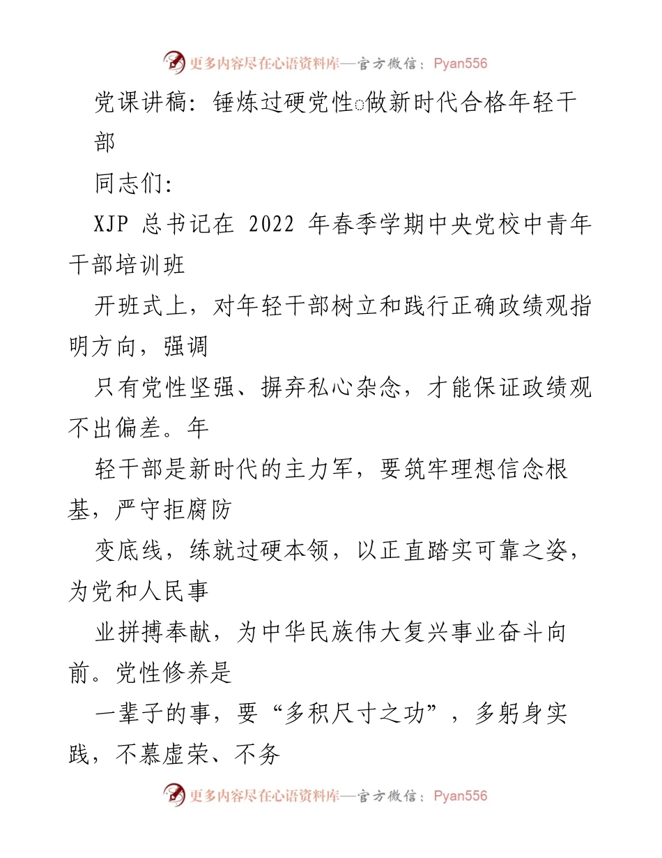 [发言] 党课 - 锤炼党性，做新时代合格年轻干部.docx_第1页