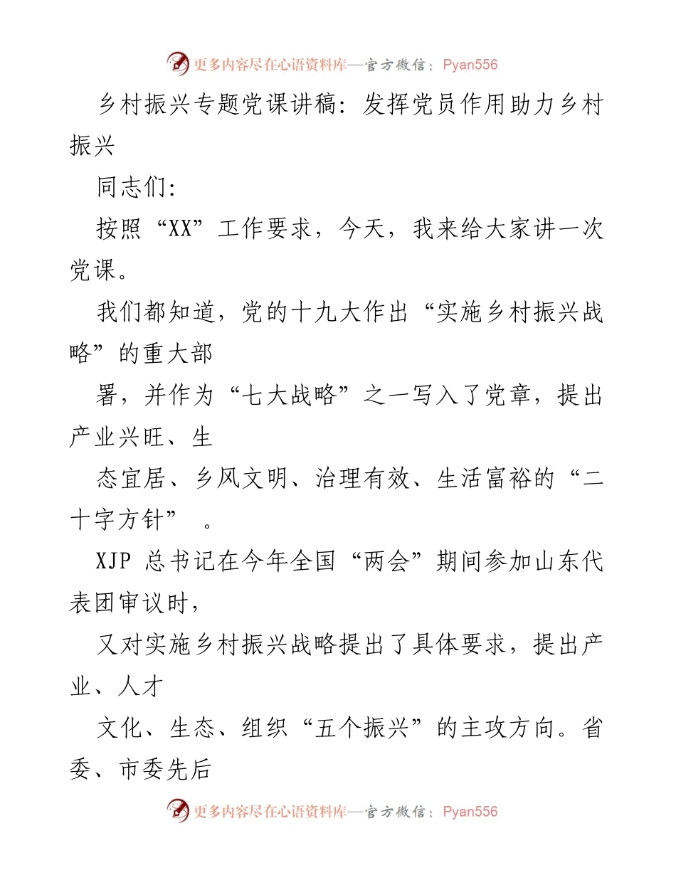 [发言] 党课 - 发挥党员作用助力乡村振兴.docx_第1页