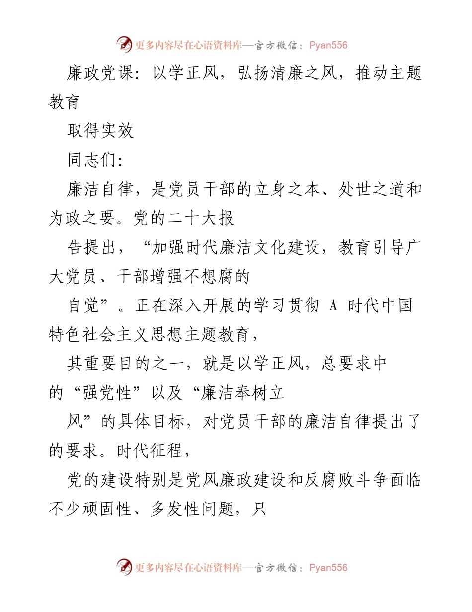 [发言] 党课 - 廉洁自律与作风建设：推动主题教育取得实效.docx_第1页