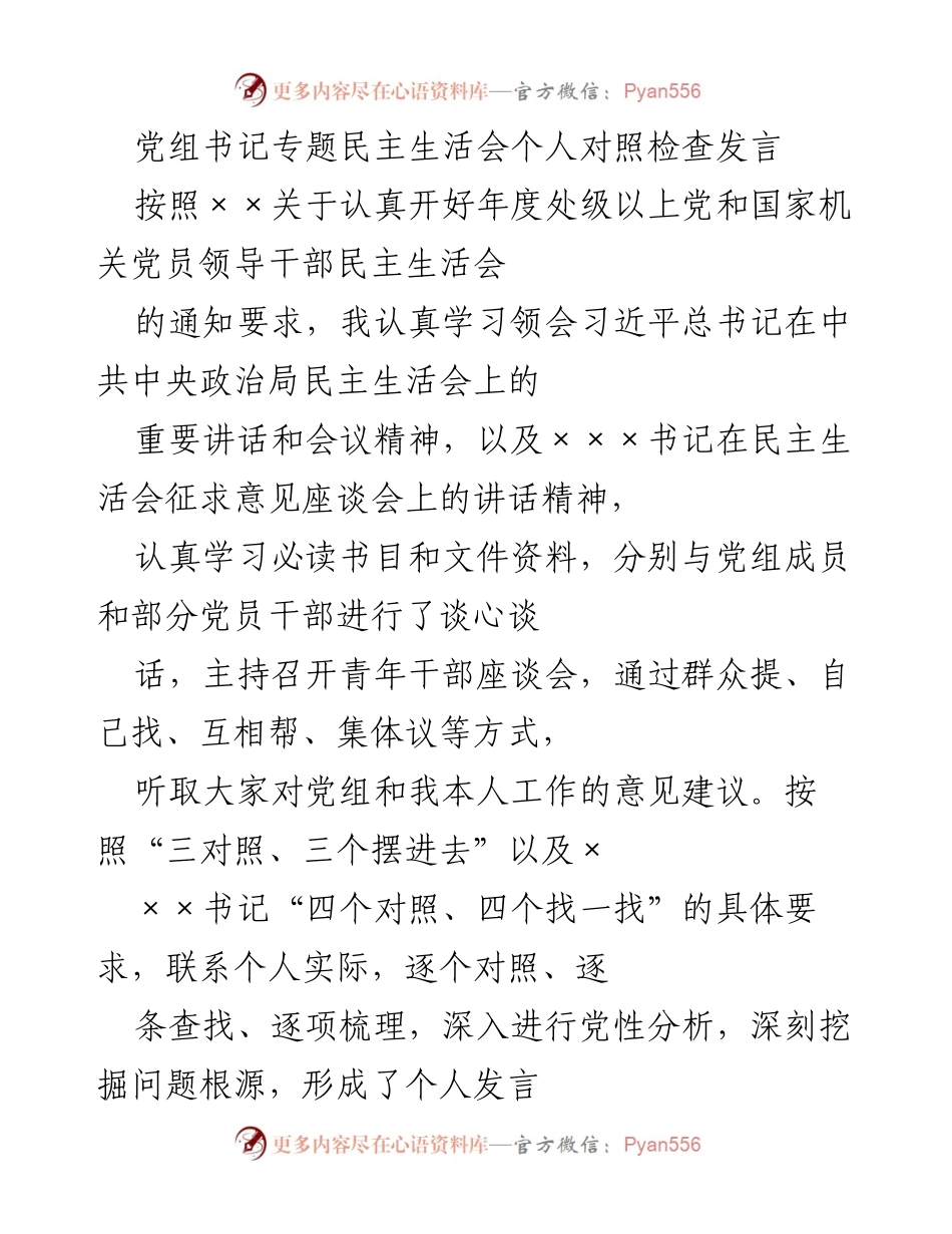 [发言] 党组书记专题民主生活会 - 个人对照检查发言总结.docx_第1页
