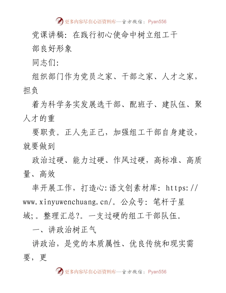 [发言] 党课 - 在践行初心使命中树立组工干部良好形象.docx_第1页