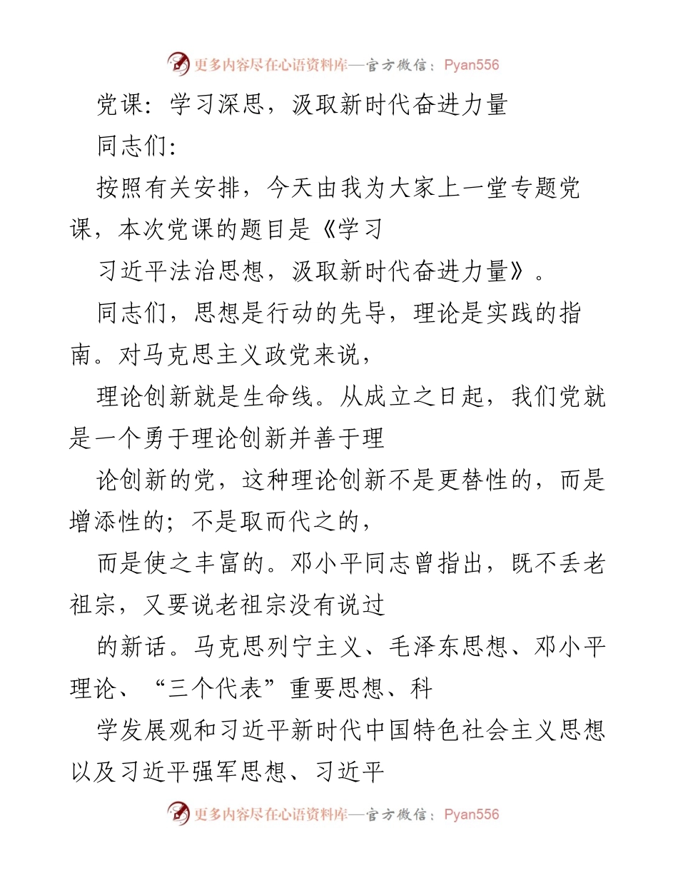 [发言] 党课 - 学习习近平法治思想，汲取新时代奋进力量.docx_第1页