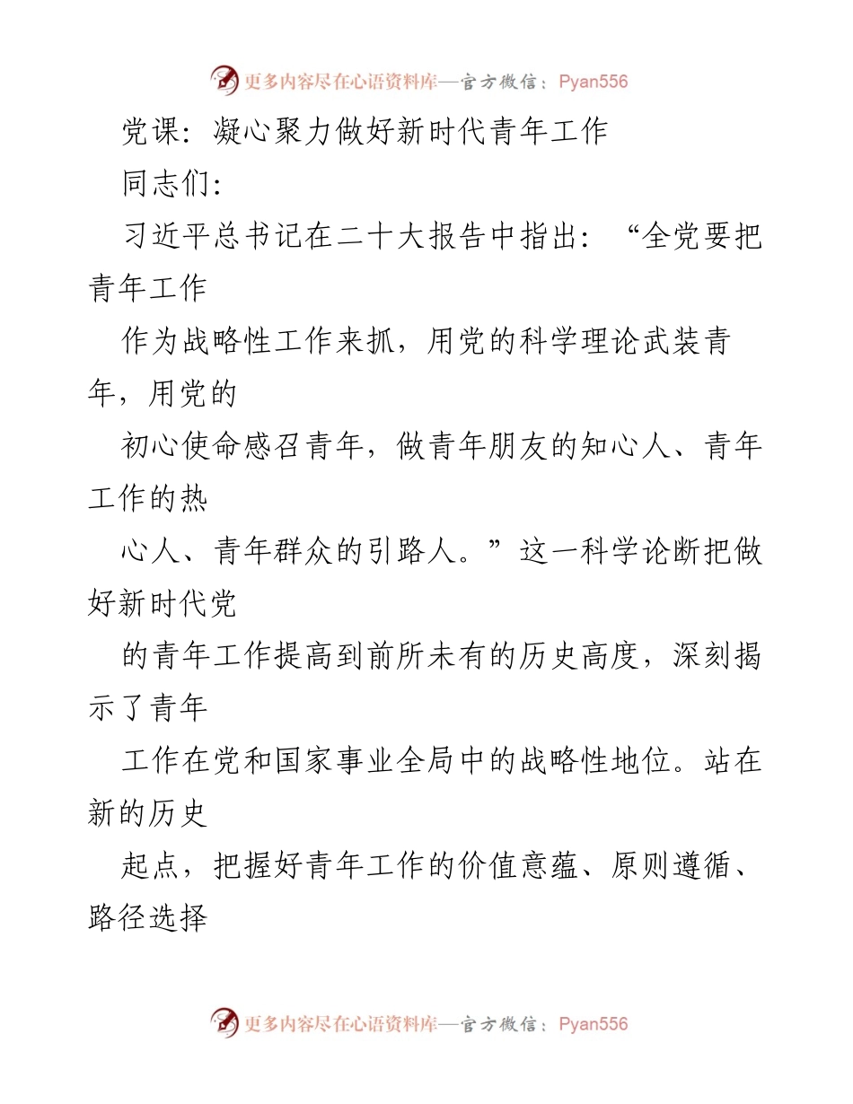 [发言] 党课 - 新时代青年工作的战略性与重要性.docx_第1页