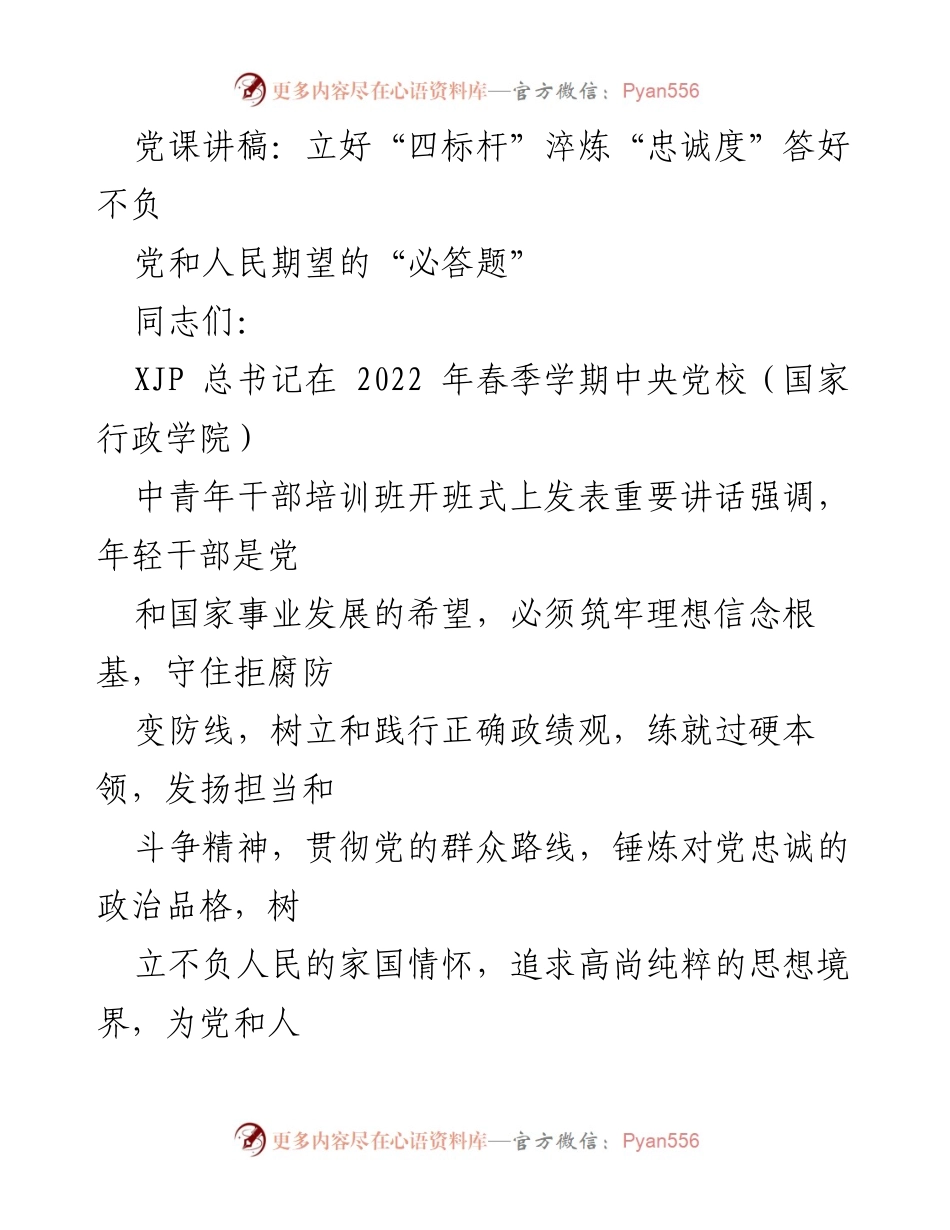 [发言] 党课 - 立好“四标杆”，淬炼“忠诚度”，答好不负党和人民期望的“必答题”.docx_第1页
