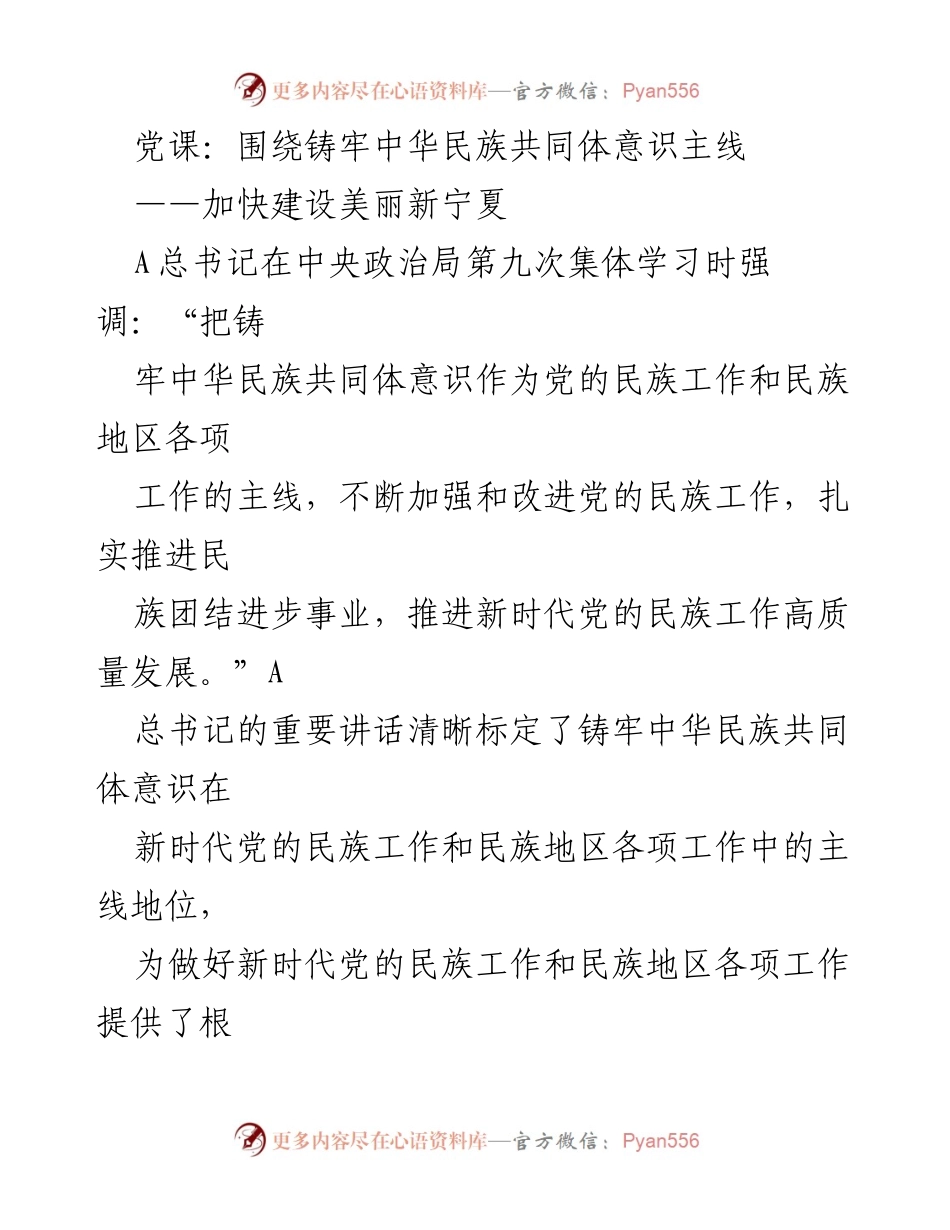 [发言] 党课 - 铸牢中华民族共同体意识，推进美丽新宁夏建设.docx_第1页
