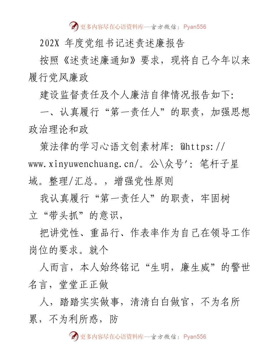 [发言] 党组书记述责述廉会议 - 202X年度党组书记述责述廉报告.docx_第1页