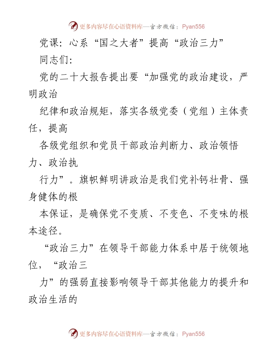 [发言] 党课 - 提升政治三力，心系国之大者.docx_第1页