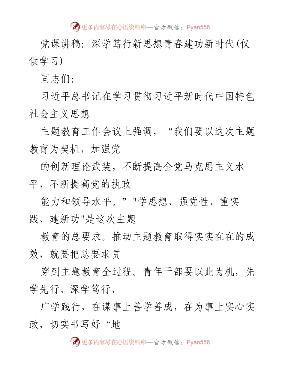 [发言] 党课 - 深学笃行新思想，青年干部的政治责任与使命.docx_第1页