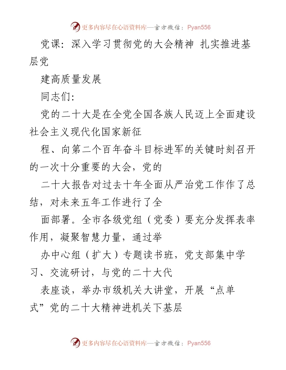 [发言] 党课 - 深入学习贯彻党的二十大精神，推进基层党建高质量发展.docx_第1页