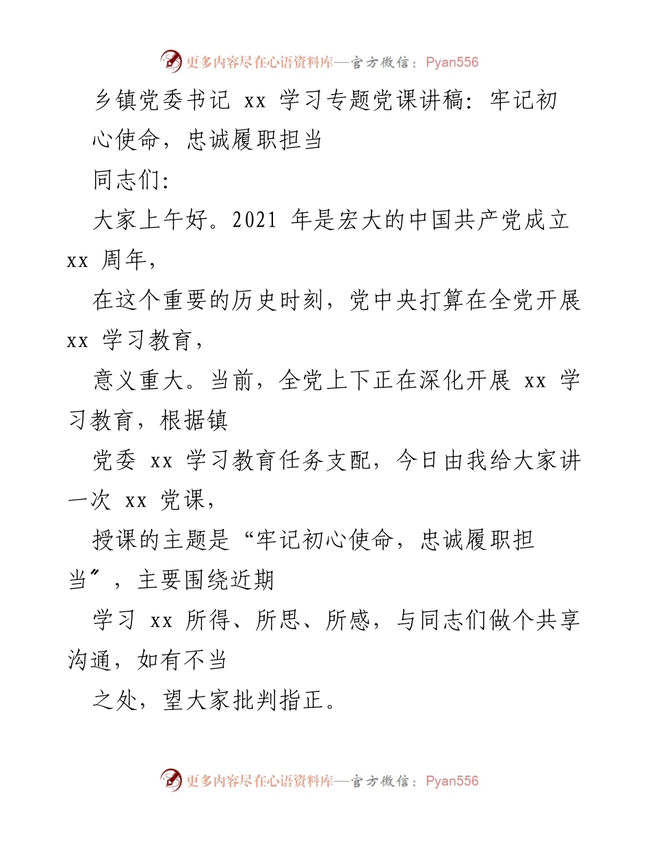 [发言] 党课 - 牢记初心使命，忠诚履职担当.docx_第1页