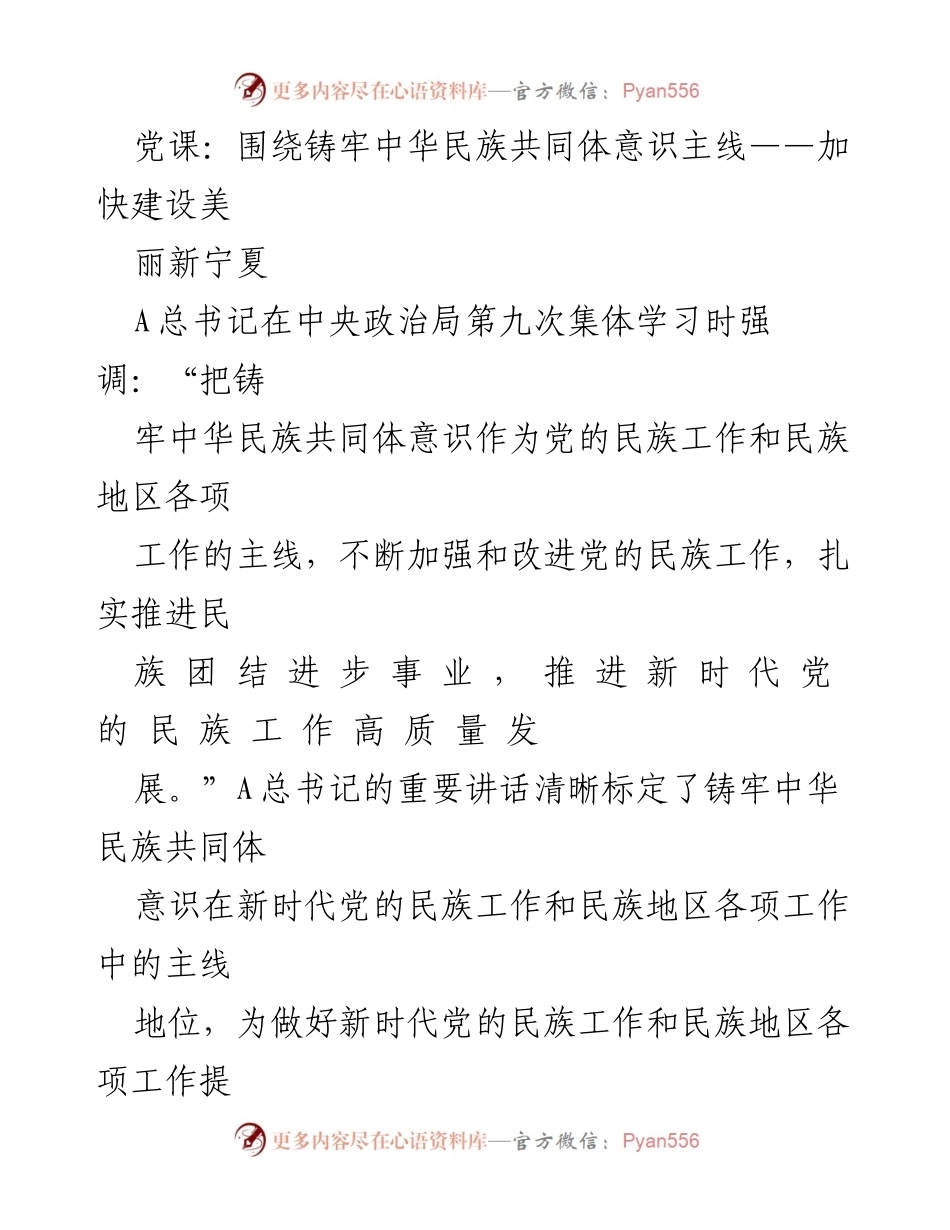 [发言] 党课 - 铸牢中华民族共同体意识，加快建设美丽新宁夏.docx_第1页