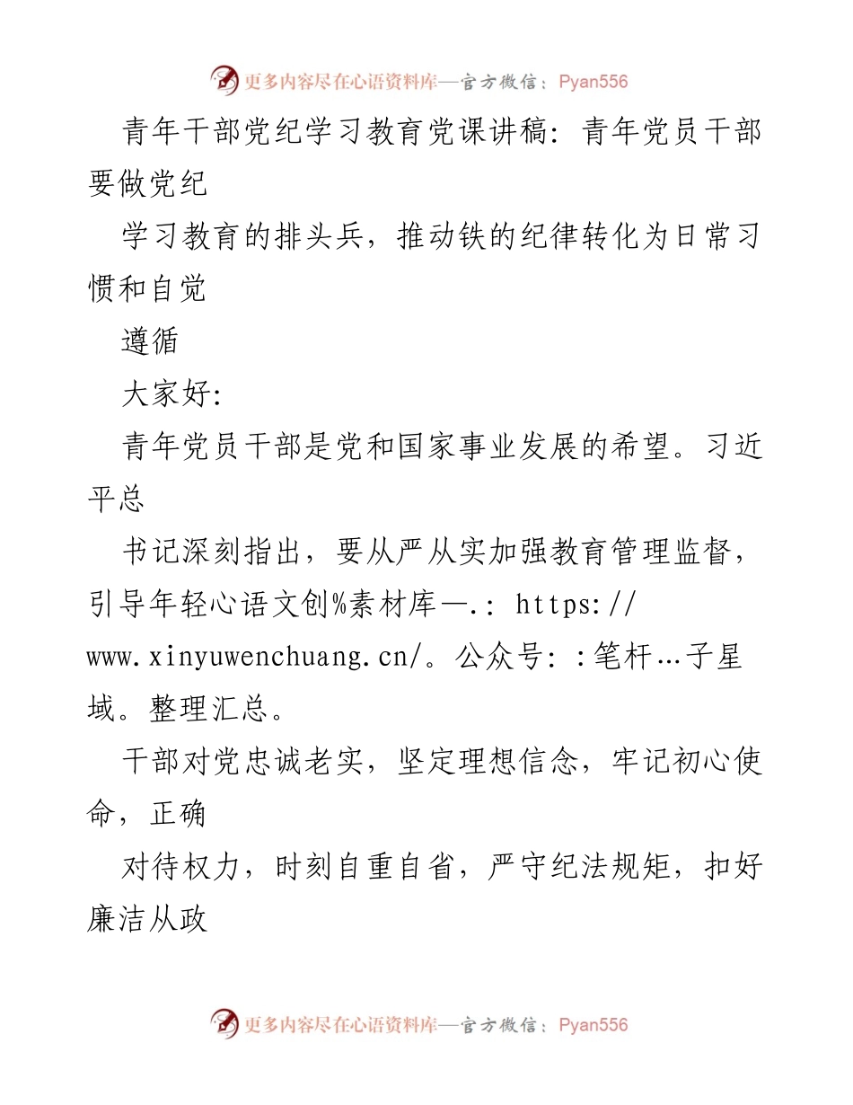 [发言] 党课 - 青年干部要做党纪学习教育的排头兵.docx_第1页