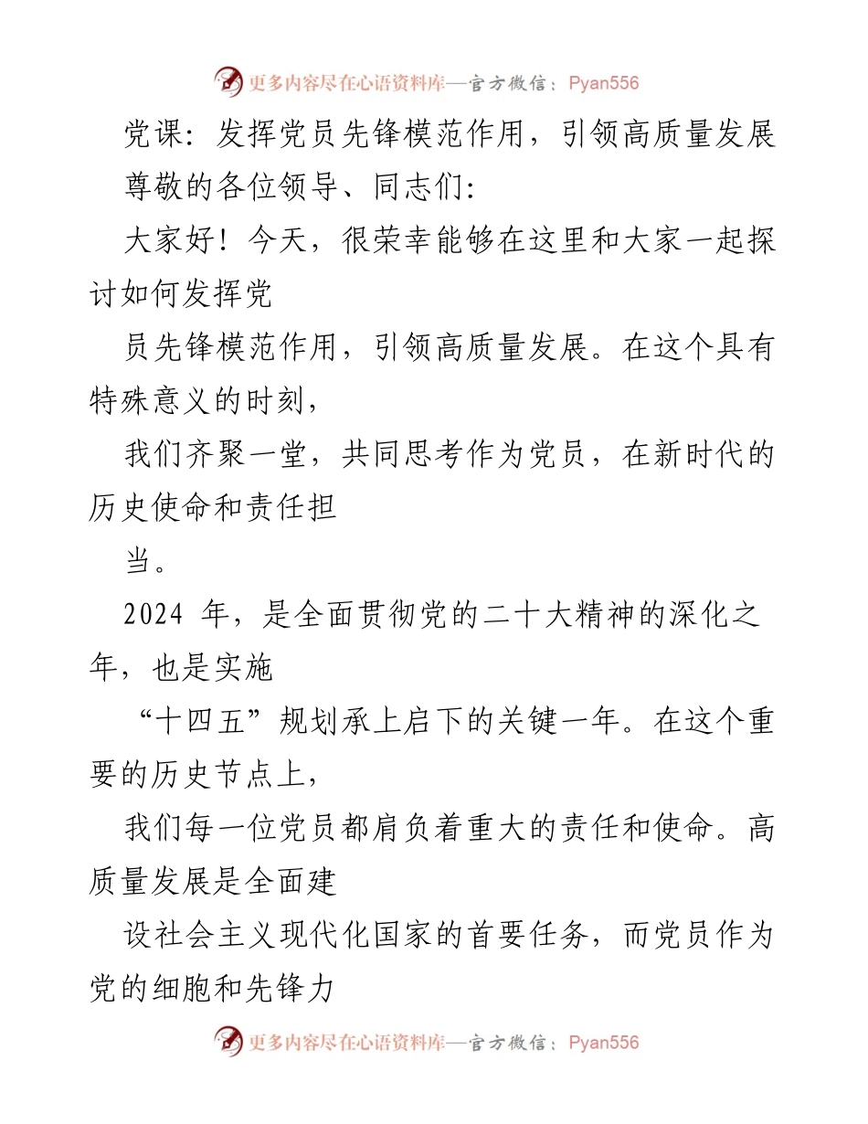 [发言] 党课 - 发挥党员先锋模范作用，助力高质量发展.docx_第1页