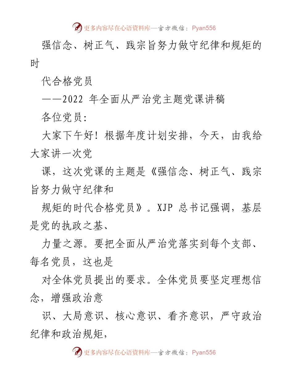 [发言] 党课 - 强信念、树正气、践宗旨：做合格党员的时代要求_1.docx_第1页