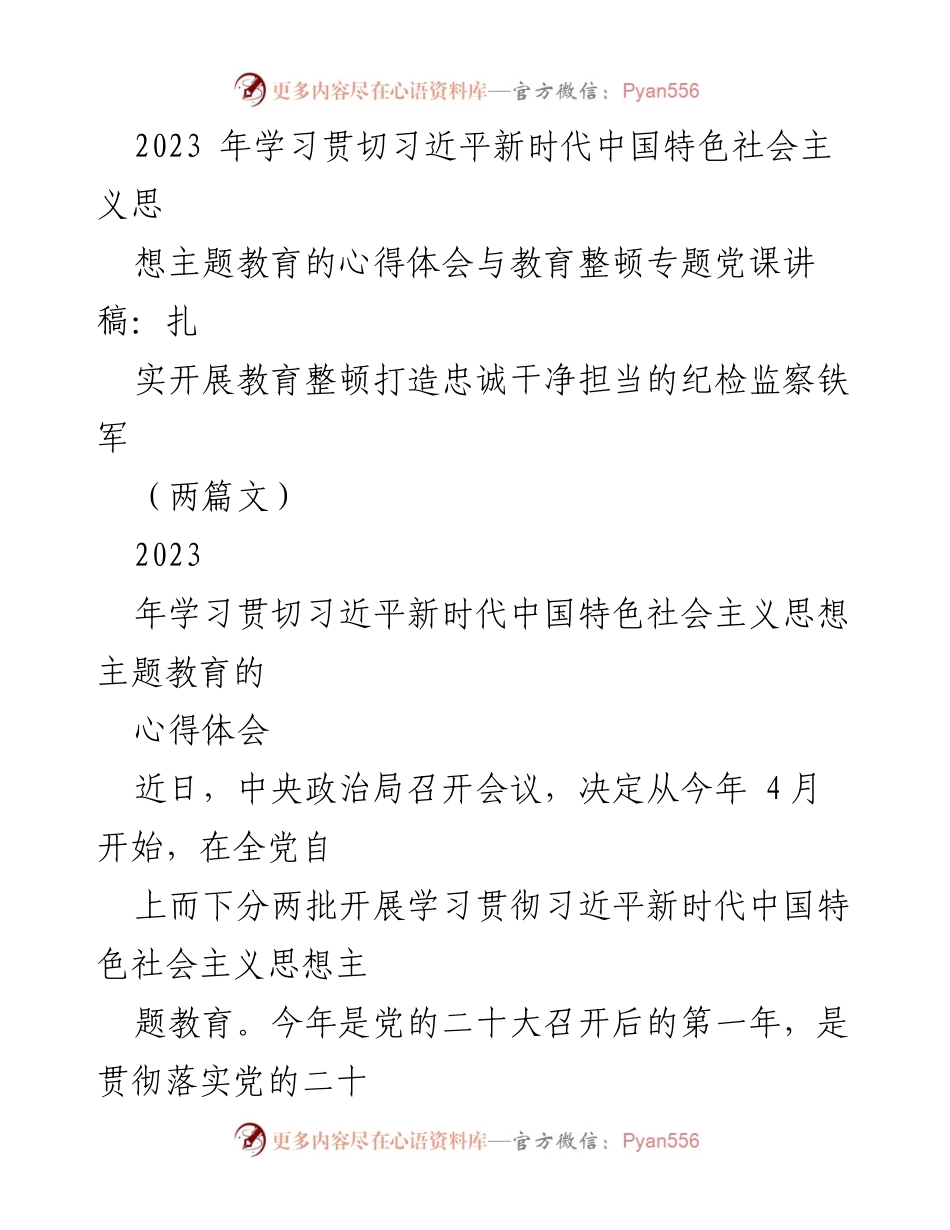 [发言] 党课 - 深入学习贯彻习近平新时代中国特色社会主义思想的心得体会与教育整顿的重要性.docx_第1页
