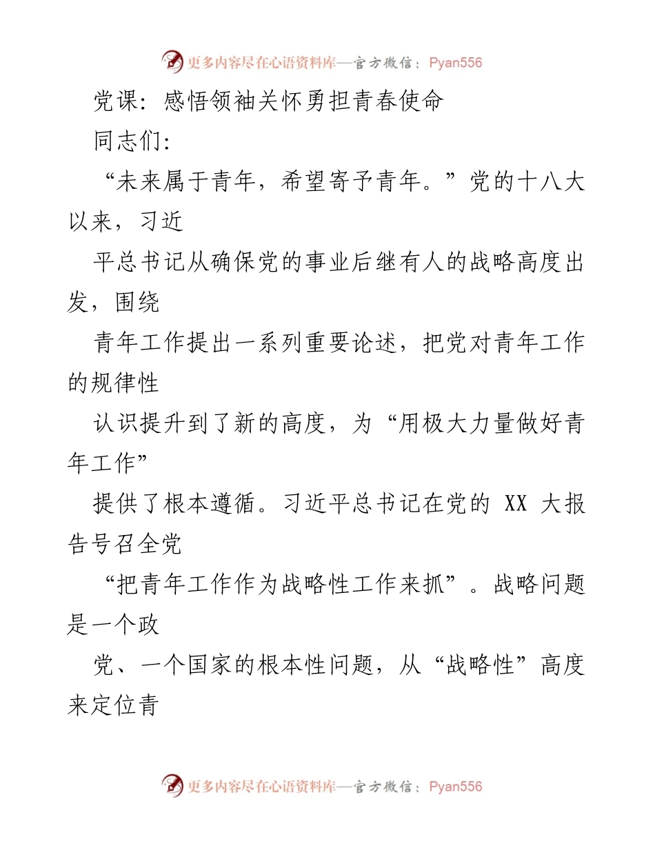 [发言] 党课 - 深入理解习近平总书记关于青年工作的理论与实践.docx_第1页
