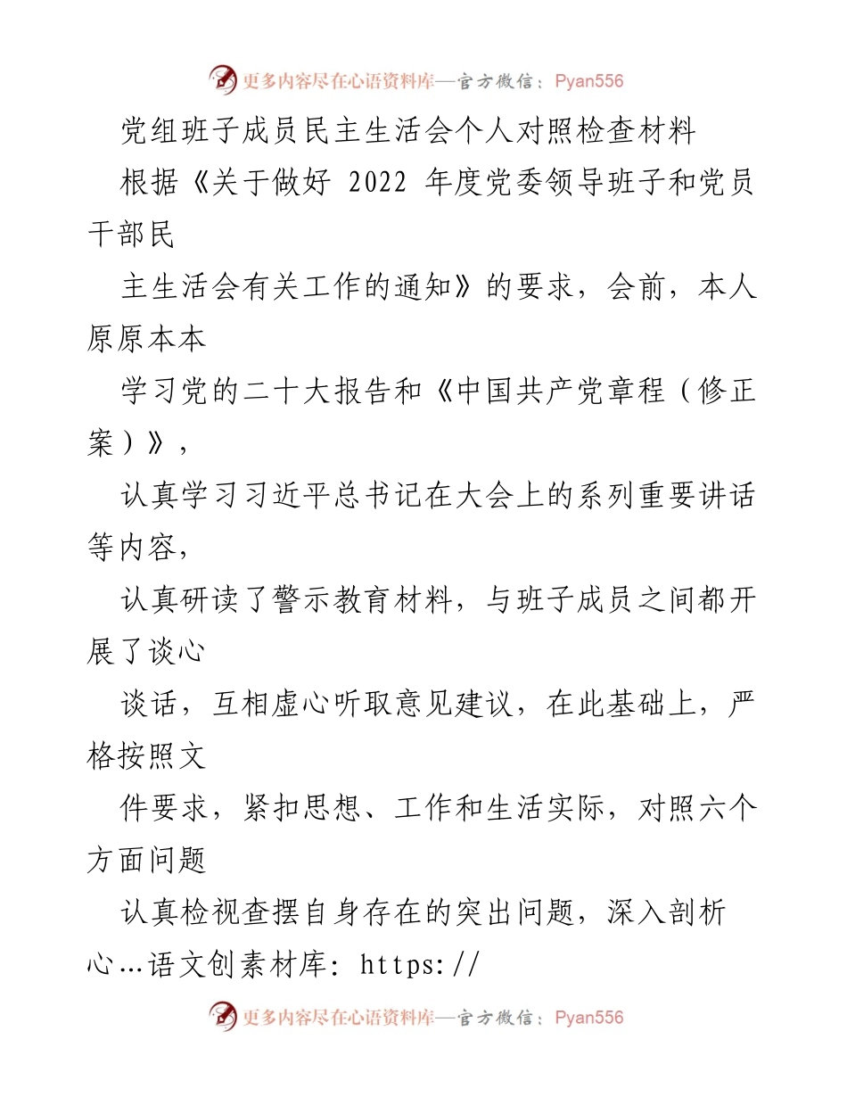 [发言] 党组班子民主生活会 - 个人对照检查与整改措施总结.docx_第1页