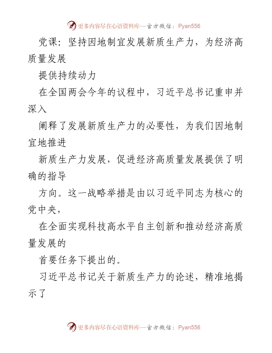 [发言] 党课 - 坚持因地制宜，推动新质生产力实现经济高质量发展.docx_第1页
