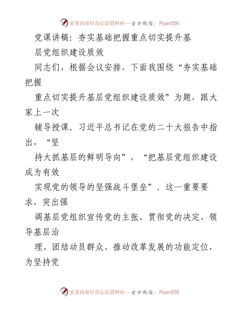 [发言] 党课 - 夯实基础 把握重点 提升基层党组织建设质效.docx_第1页