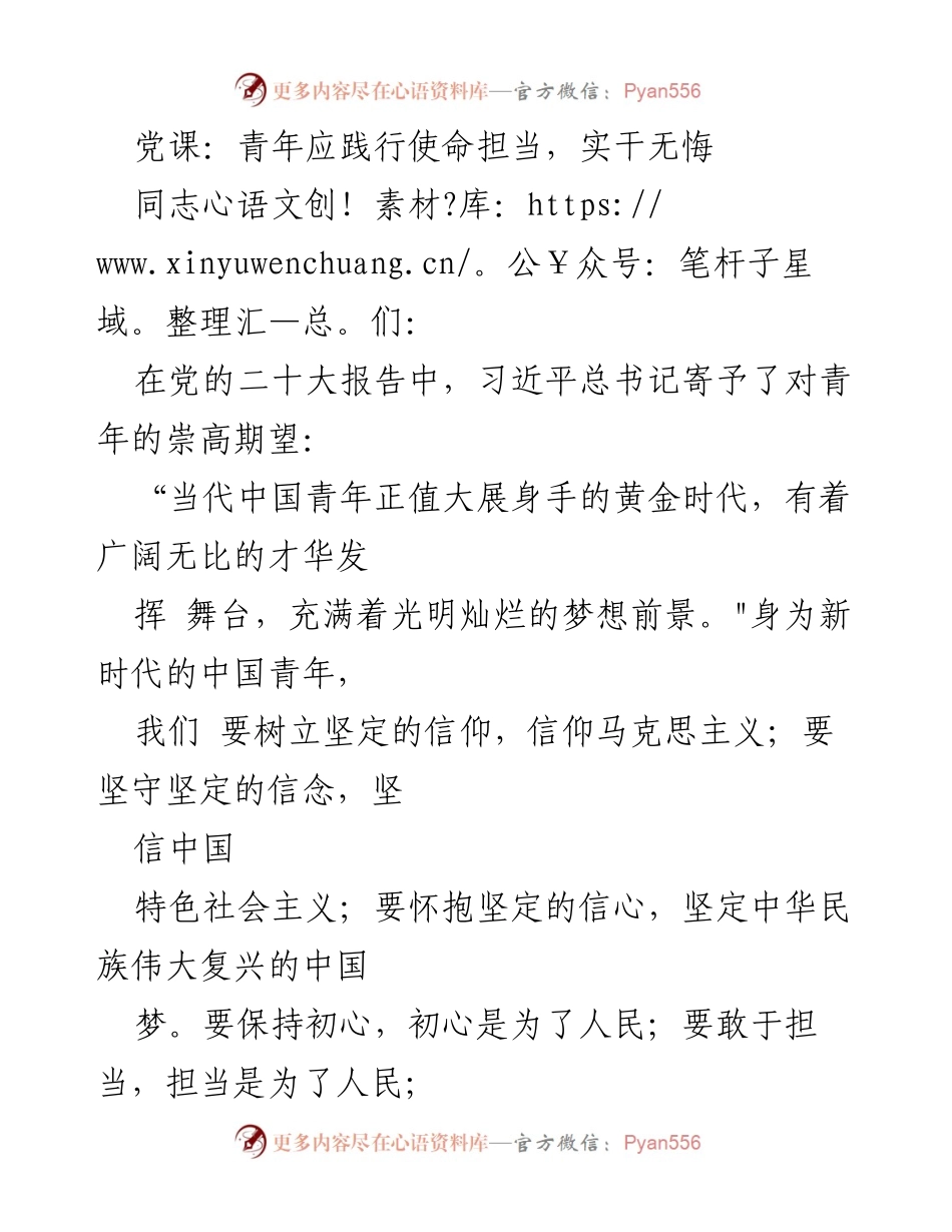 [发言] 党课 - 青年使命担当：坚定信仰与实干精神.docx_第1页