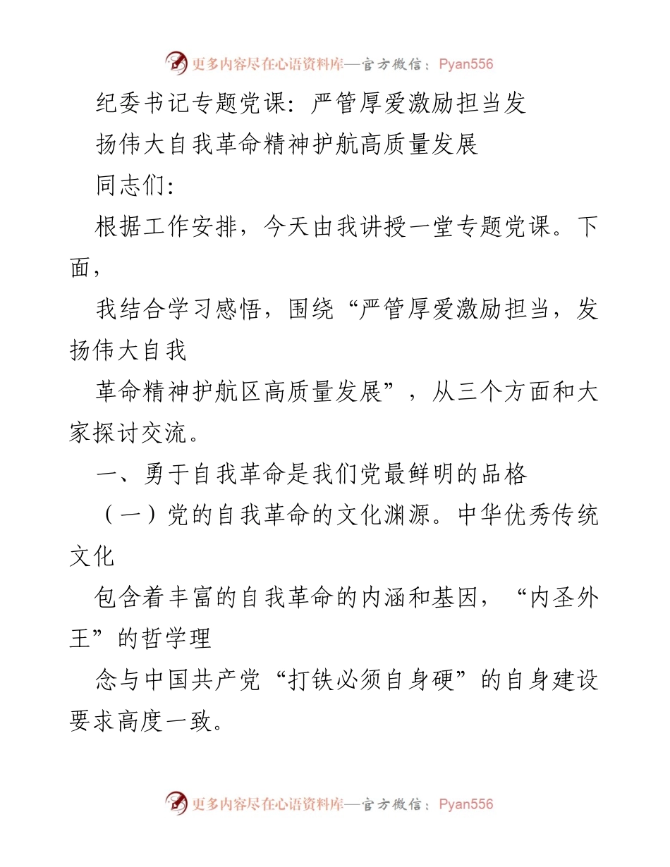 [发言] 党课 - 严管厚爱激励担当，发扬伟大自我革命精神护航高质量发展.docx_第1页