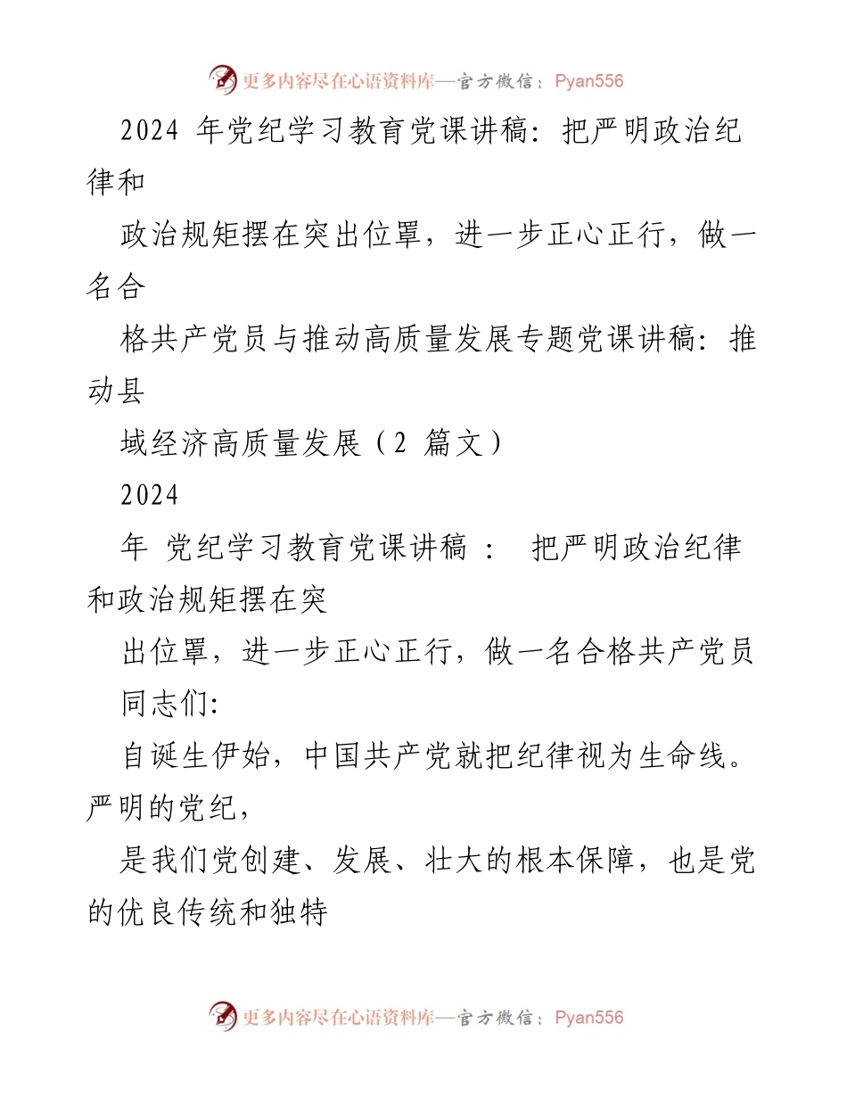 [发言] 党课 - 严明政治纪律与推动高质量发展的重要性.docx_第1页