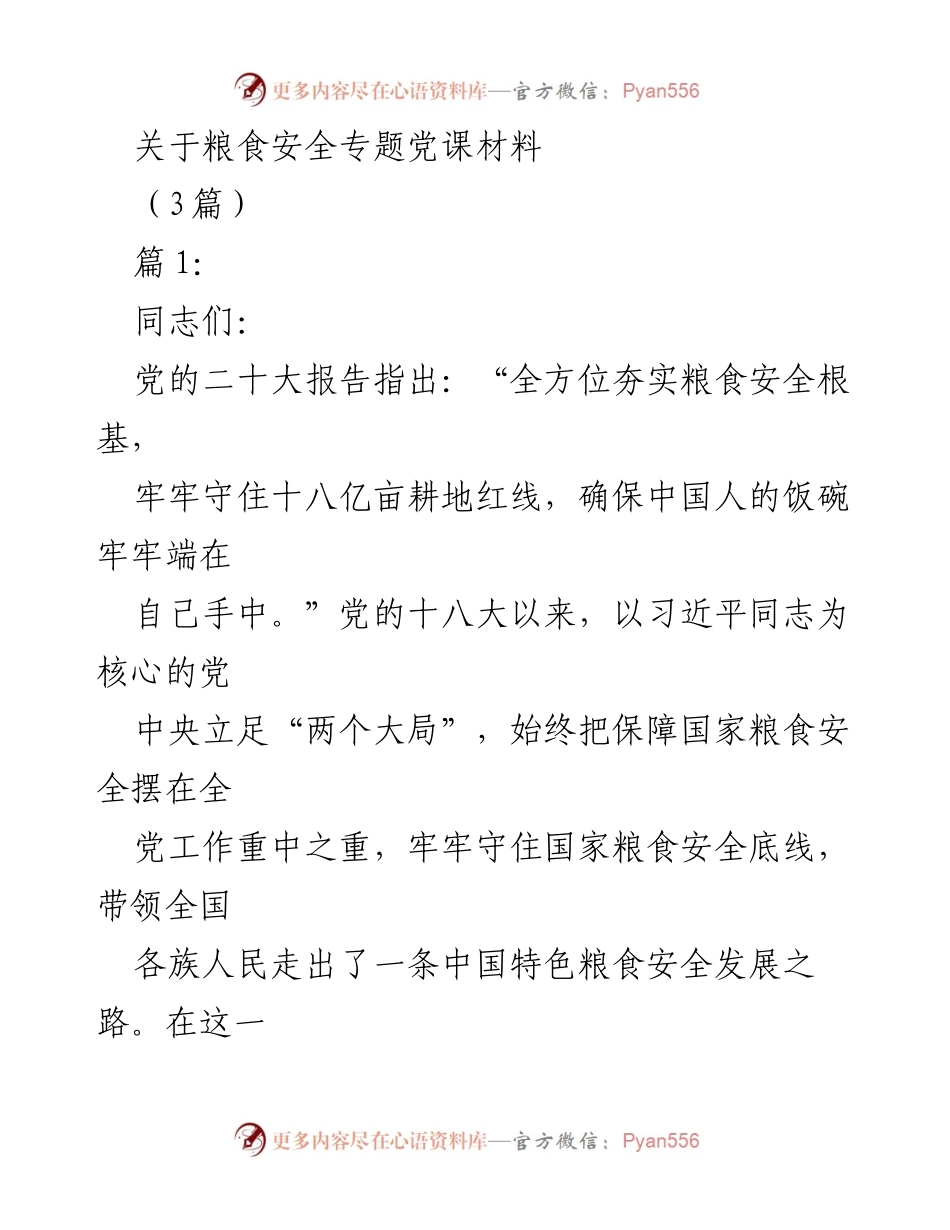 [发言] 党课 - 习近平总书记关于粮食安全的重要论述解读.docx_第1页