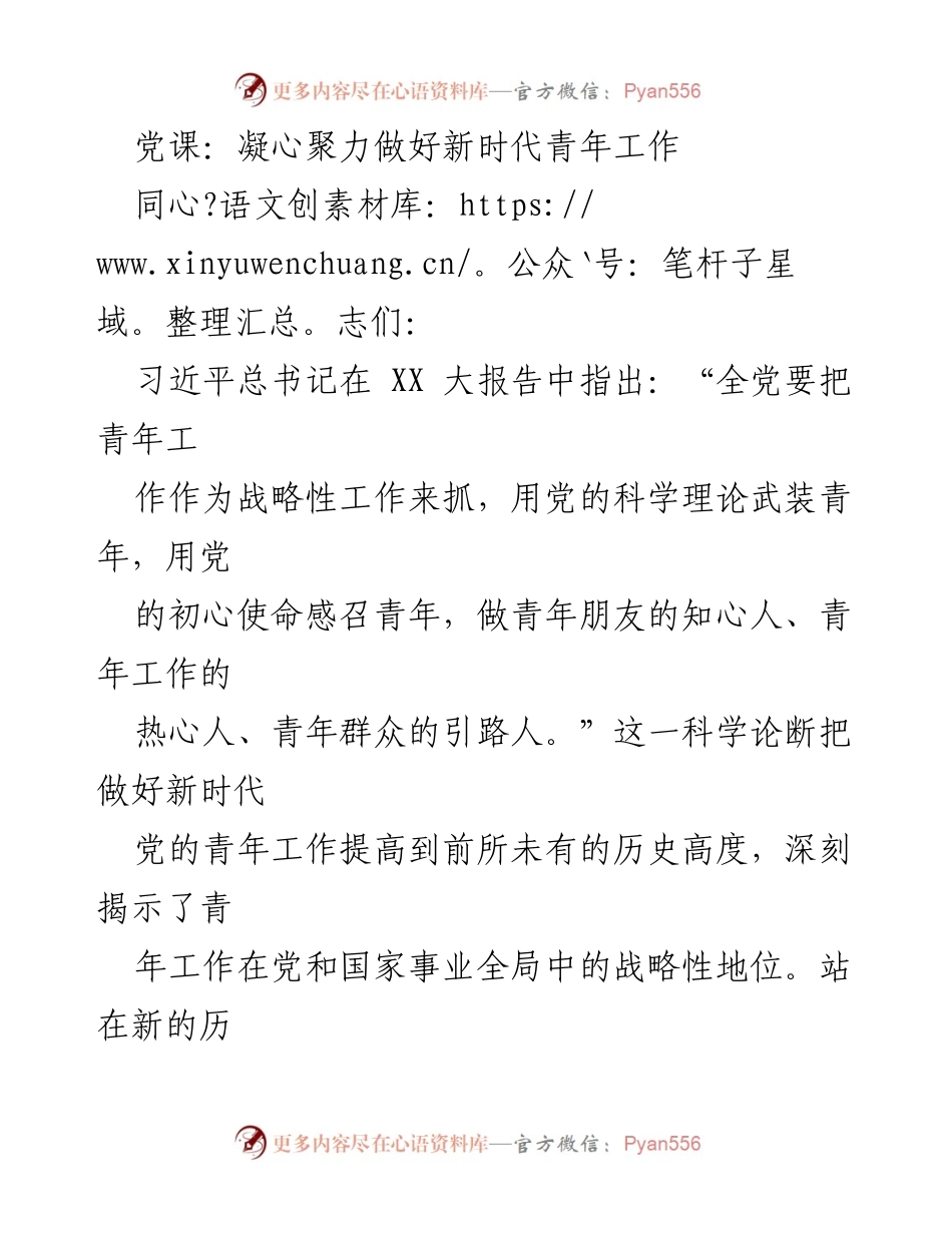 [发言] 党课 - 凝心聚力，培养新时代青年力量.docx_第1页