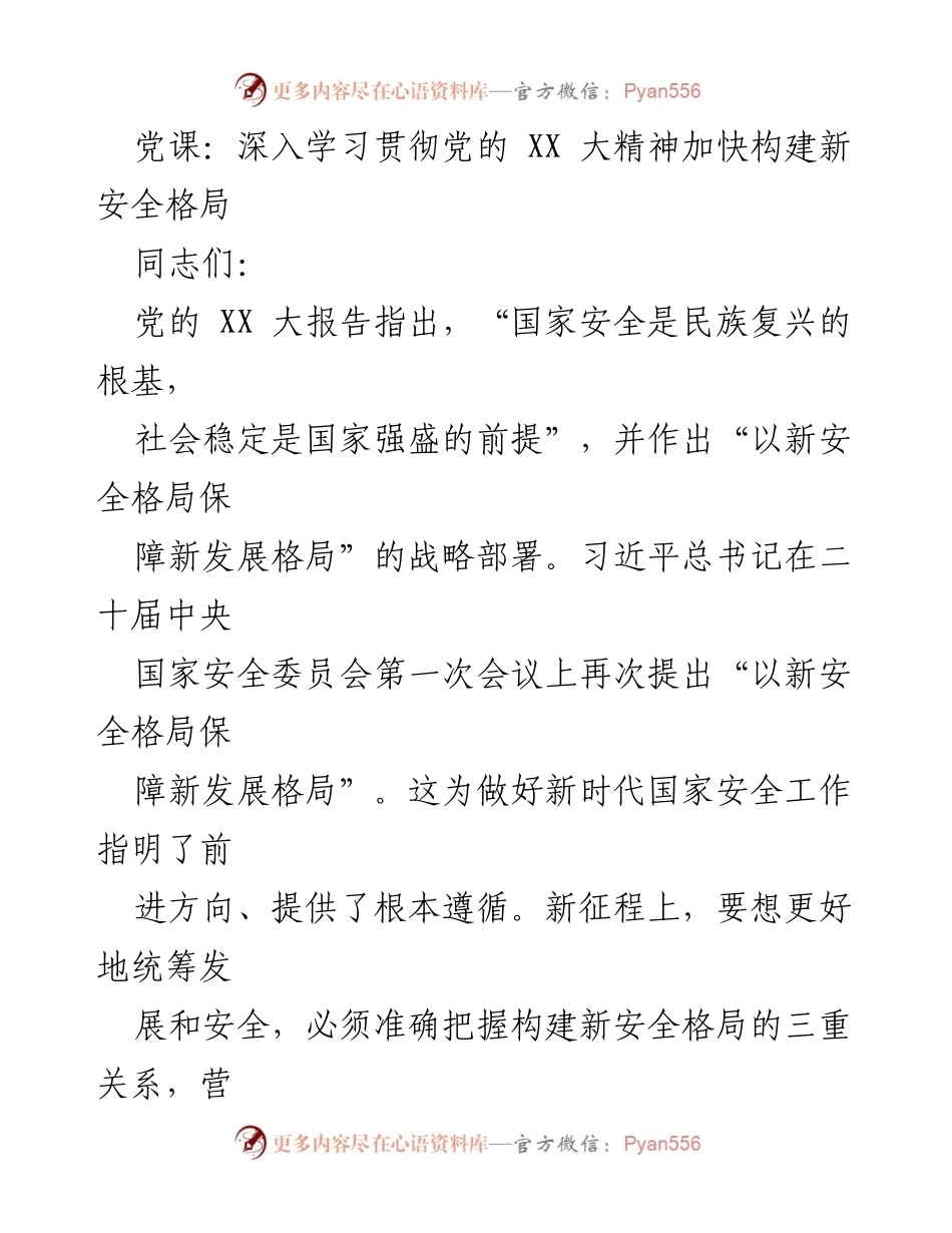 [发言] 党课 - 深入学习党的 XX 大精神与新安全格局构建.docx_第1页