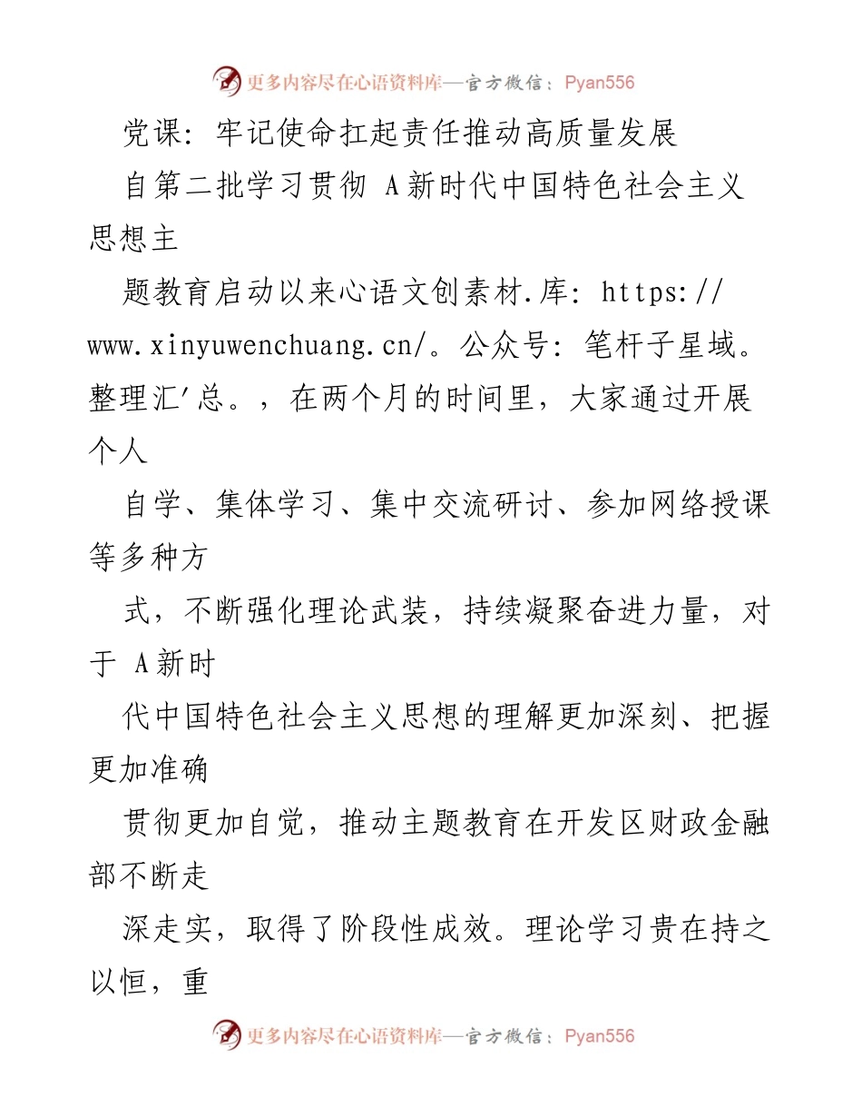 [发言] 党课 - 牢记使命，推动开发区高质量发展.docx_第1页