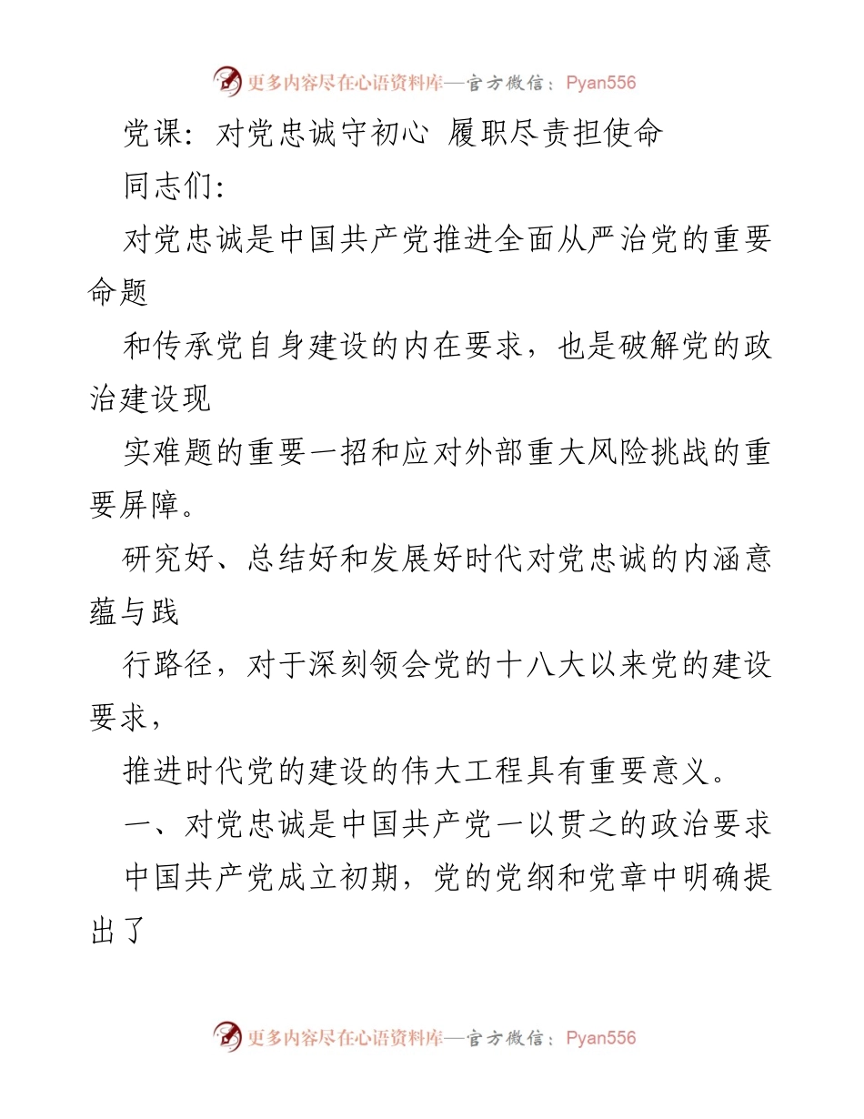 [发言] 党课 - 对党忠诚守初心，履职尽责担使命_1.docx_第1页