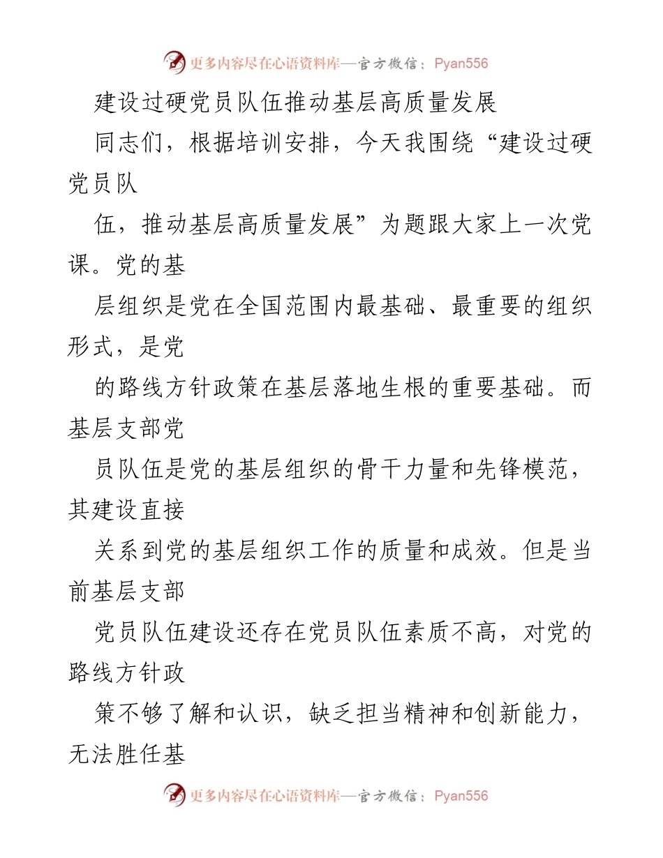 [发言] 党课 - 建设过硬党员队伍 助推基层高质量发展.docx_第1页