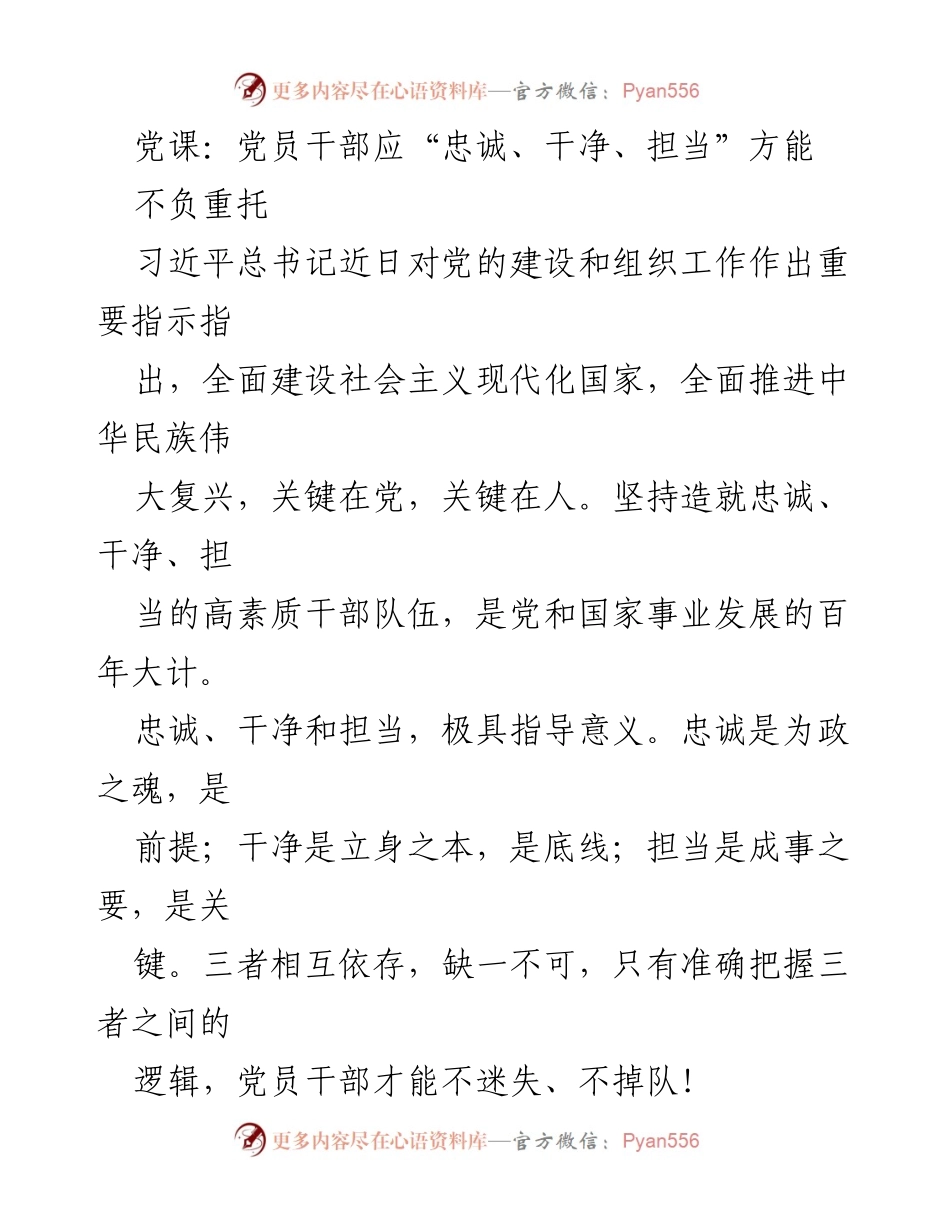 [发言] 党课 - 党员干部应“忠诚、干净、担当”以不负重托.docx_第1页