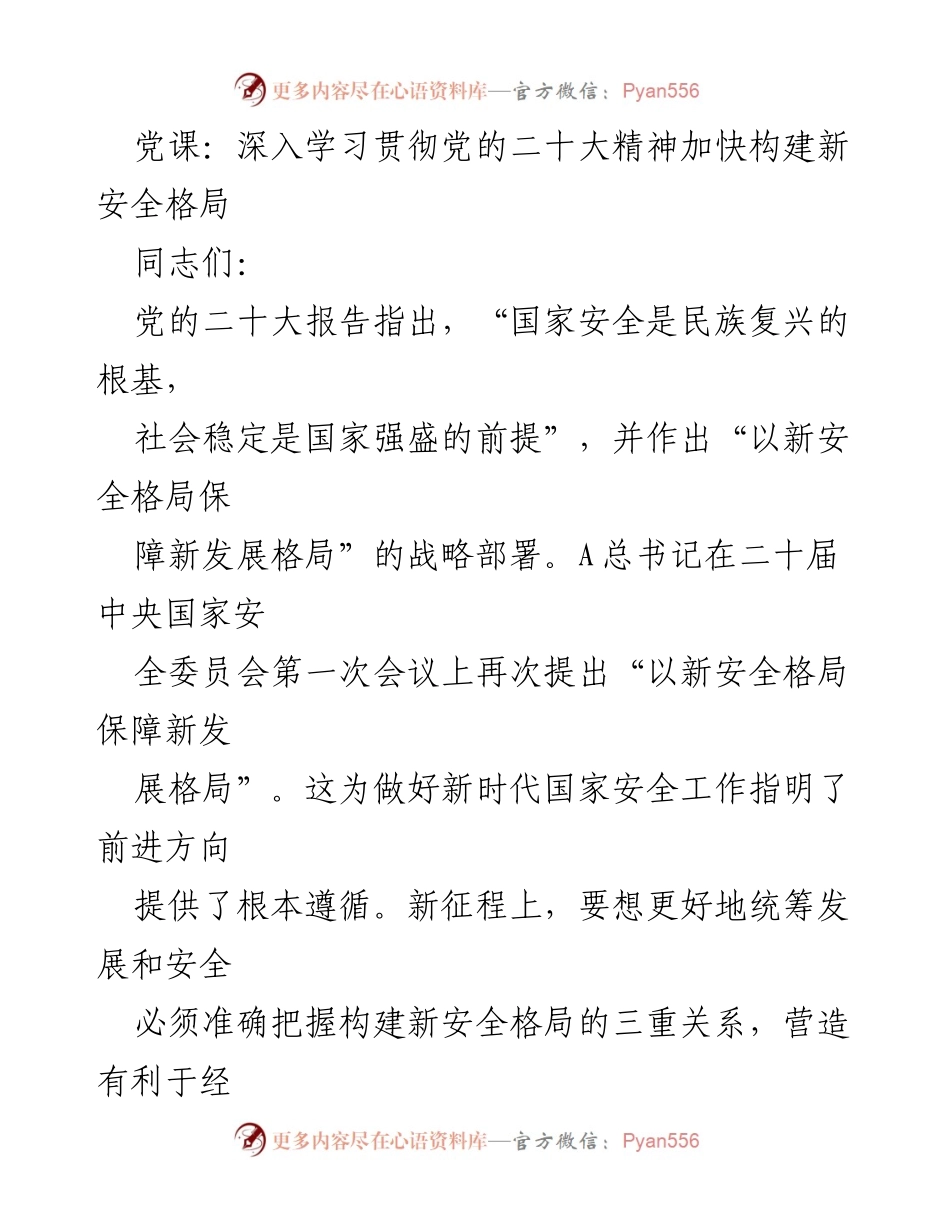 [发言] 党课 - 深入学习党的二十大精神：构建新安全格局与新发展格局的关系.docx_第1页