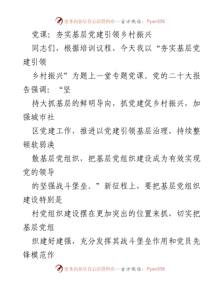 [发言] 党课 - 夯实基层党建，助力乡村振兴.docx_第1页