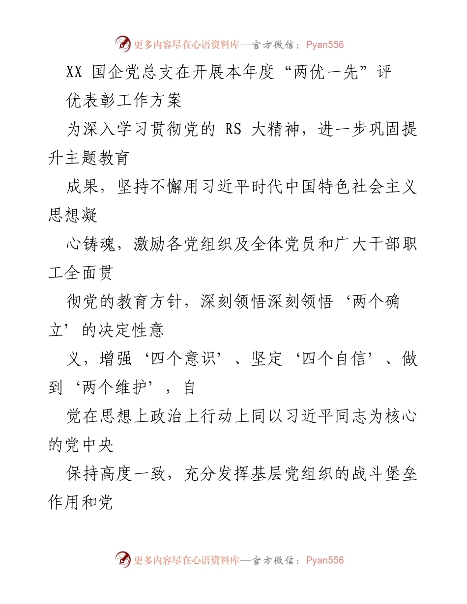 [发言] 党组织表彰 - XX国企党总支202X年度“两优一先”评优表彰工作方案.docx_第1页