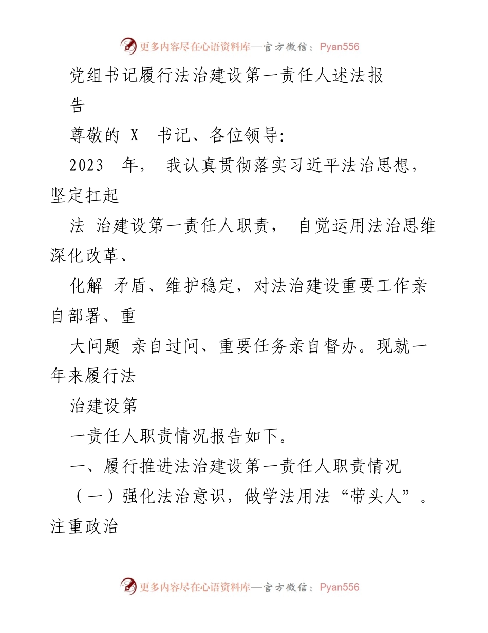 [发言] 党组会议 - 党组书记法治建设责任履行情况报告.docx_第1页