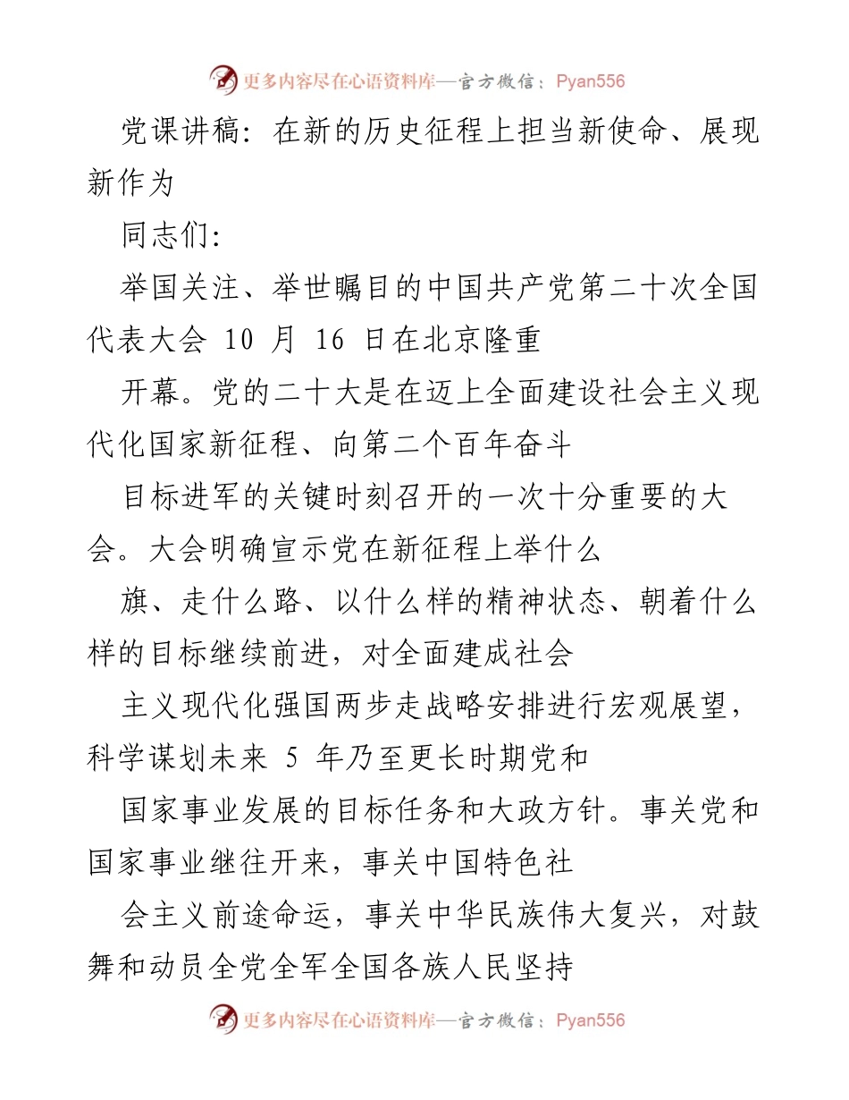 [发言] 党课 - 在新的历史征程上担当新使命、展现新作为.docx_第1页