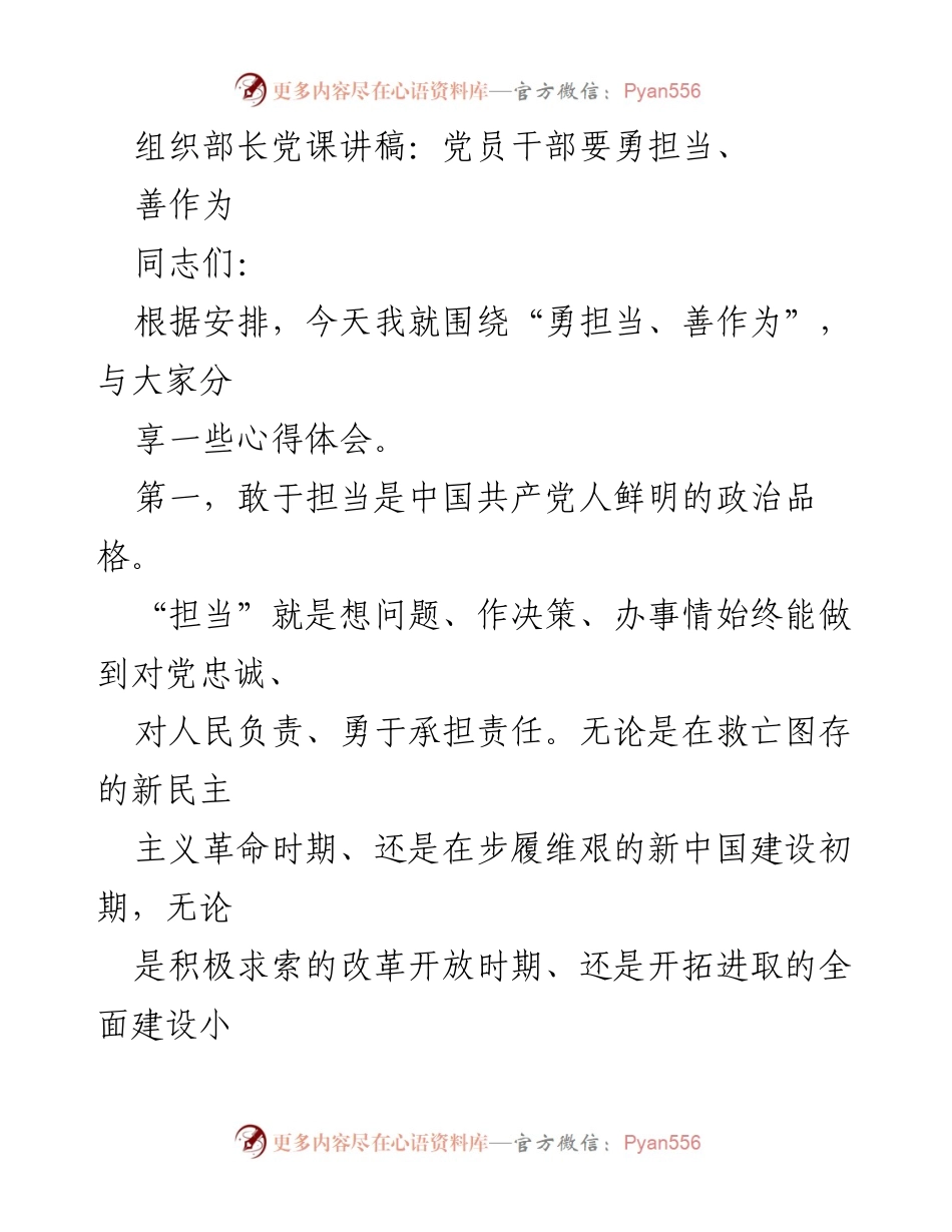 [发言] 党课 - 勇担当、善作为：新时代党员干部的责任与使命_1.docx_第1页