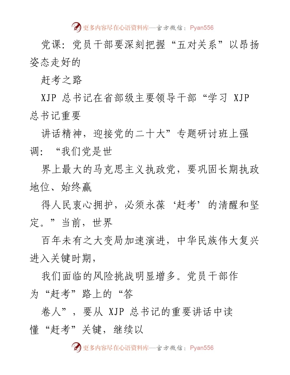 [发言] 党课 - 深刻把握“五对关系”，以昂扬姿态走好赶考之路.docx_第1页