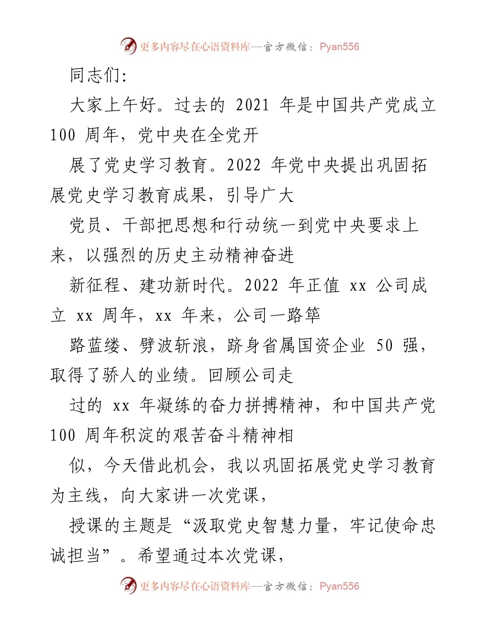 [发言] 党课 - 汲取党史智慧力量，牢记使命忠诚担当_2.docx_第1页
