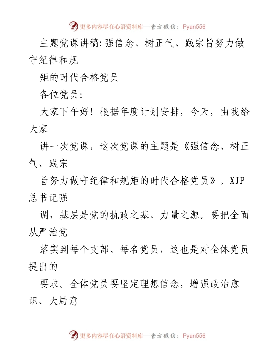 [发言] 党课 - 强信念、树正气、践宗旨：做守纪律和规矩的时代合格党员.docx_第1页