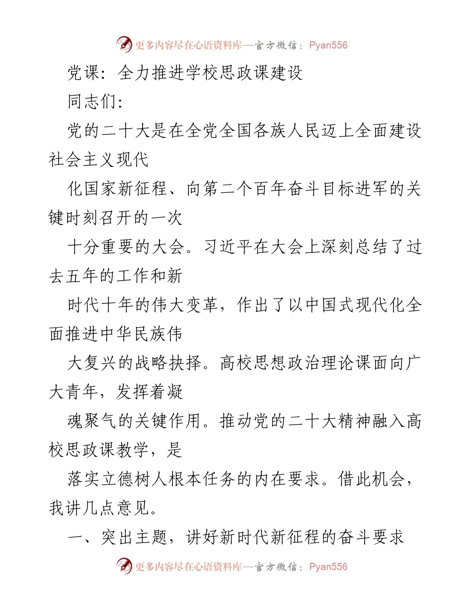 [发言] 党课 - 全力推进高校思政课建设，落实党的二十大精神.docx_第1页