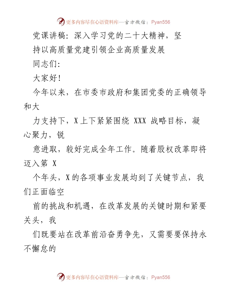 [发言] 党课 - 深入学习党的二十大精神，推动高质量党建引领企业发展.docx_第1页