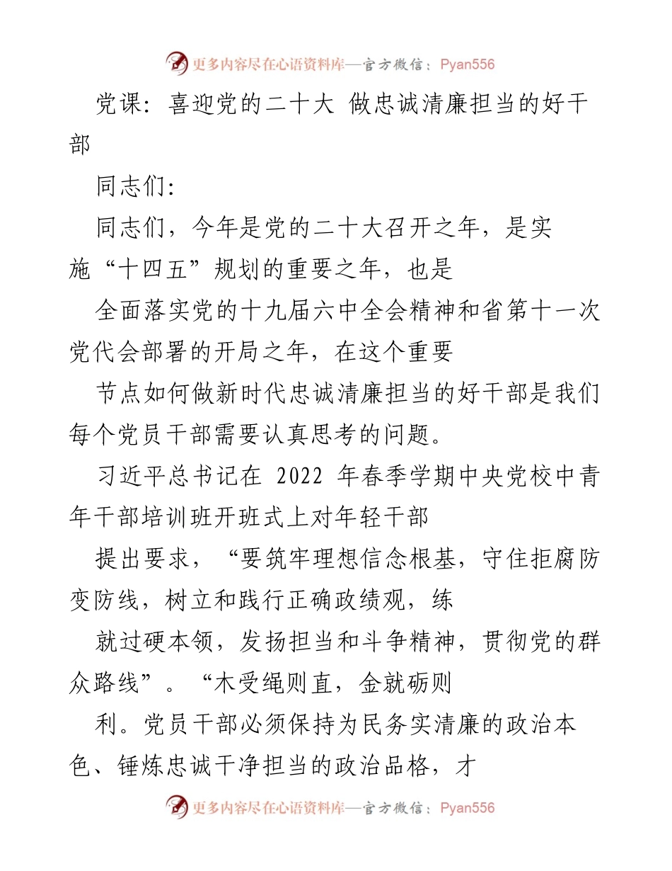 [发言] 党课 - 做新时代忠诚清廉担当的好干部.docx_第1页